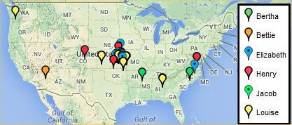 Map of 2014 Reunion attendees by family